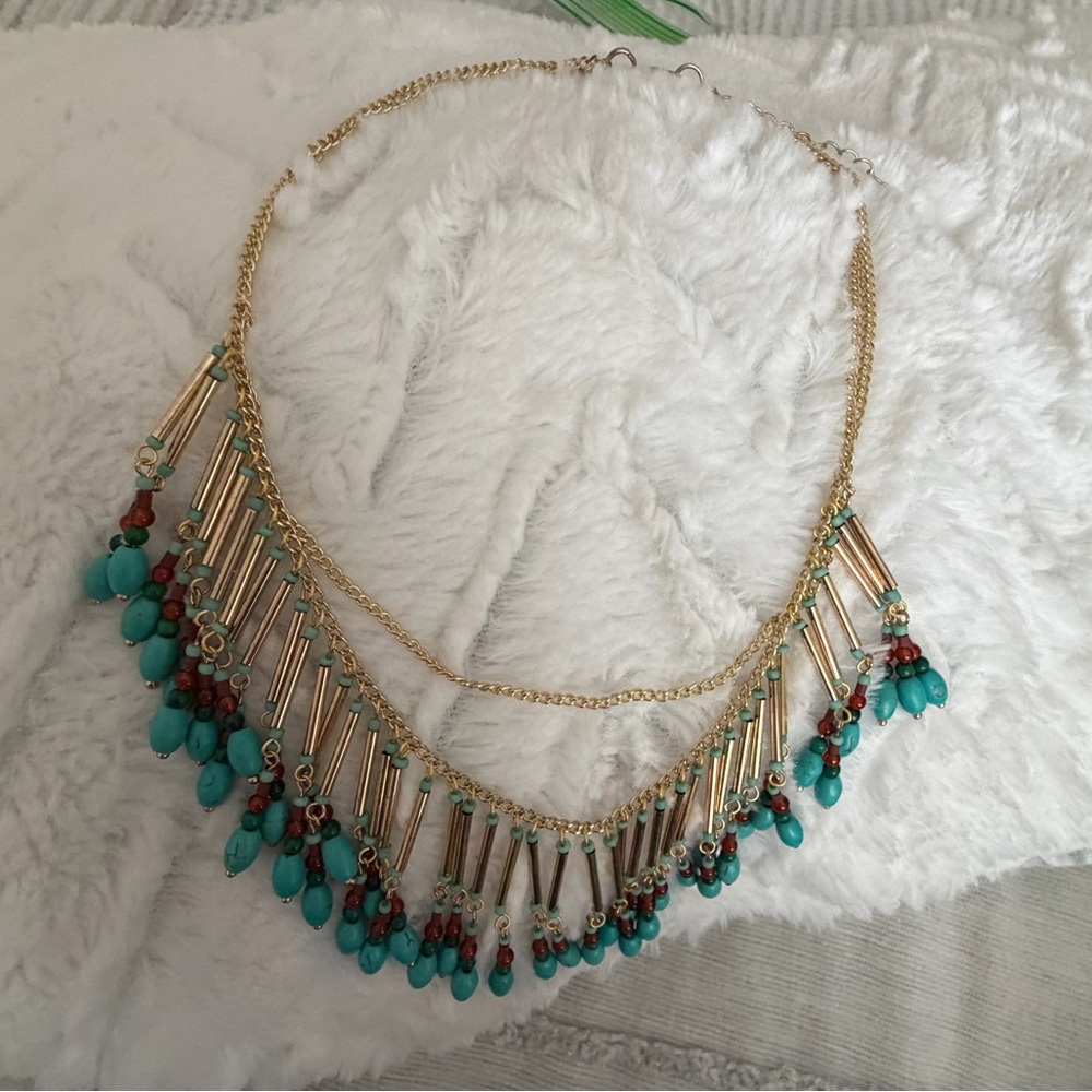 Nakamol Bead Necklace Turquoise Gold Multi Layer Statement Necklace Boho - Picture 2 of 5